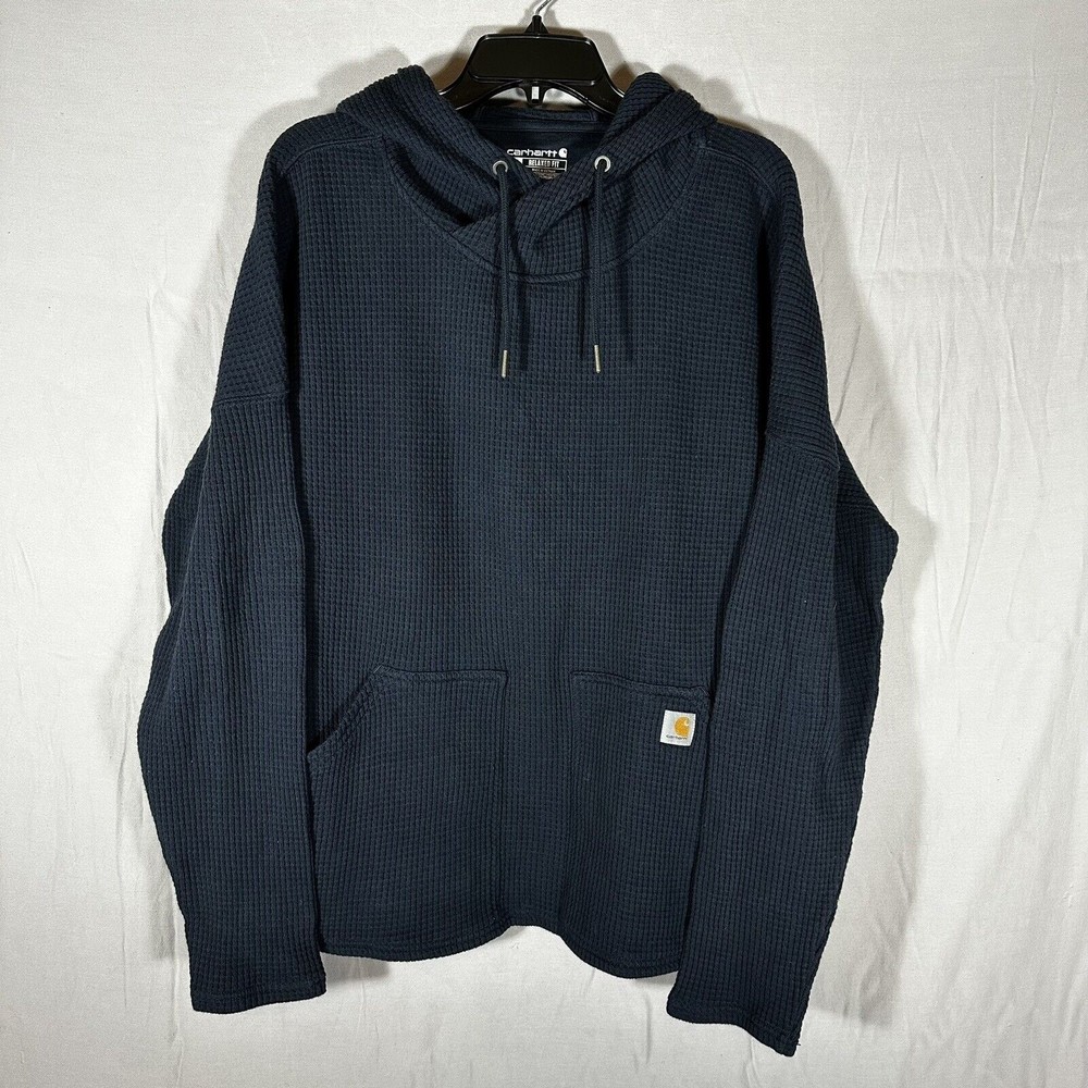 Carhartt Relaxed Fit Hoodie Women’s XL Pullover Navy Blue Waffle Knit